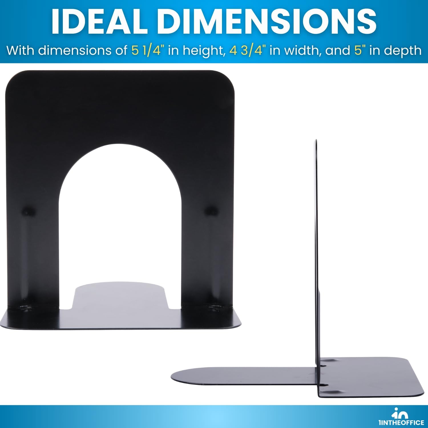 1InTheOffice Bookends for Shelves, Metal Bookends, 5 1/4" x 4 3/4" x 5", Non-Slip, Black, 4 Pack - Image 3