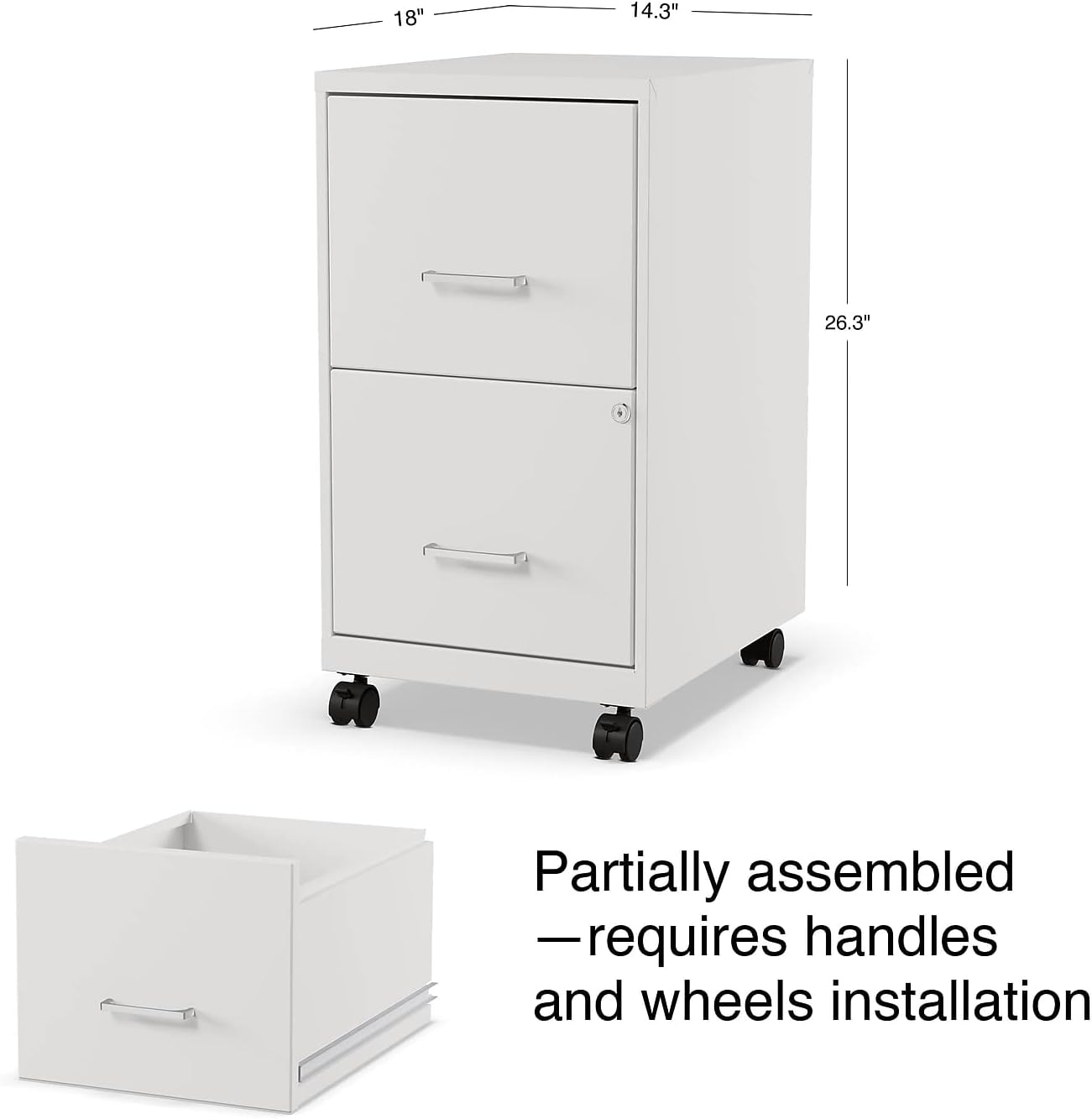 STAPLES 2-Drawer Vertical File Cabinet, Letter Size Documents, Lockable & Mobile, 18.9" D x 14.3" W x 26.3" H, White - Image 3